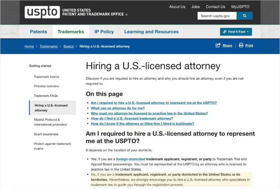 USPTO Recommends Working With Trademark Lawyer