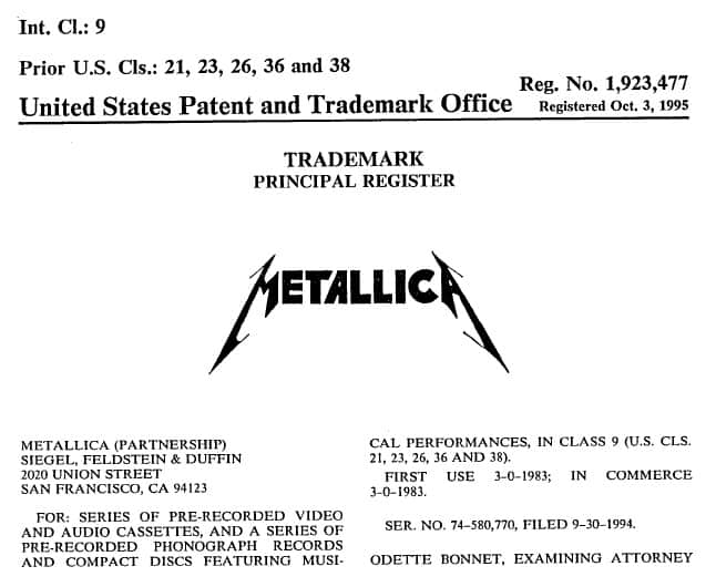 US Trademark Registration for METALLICA LOGO